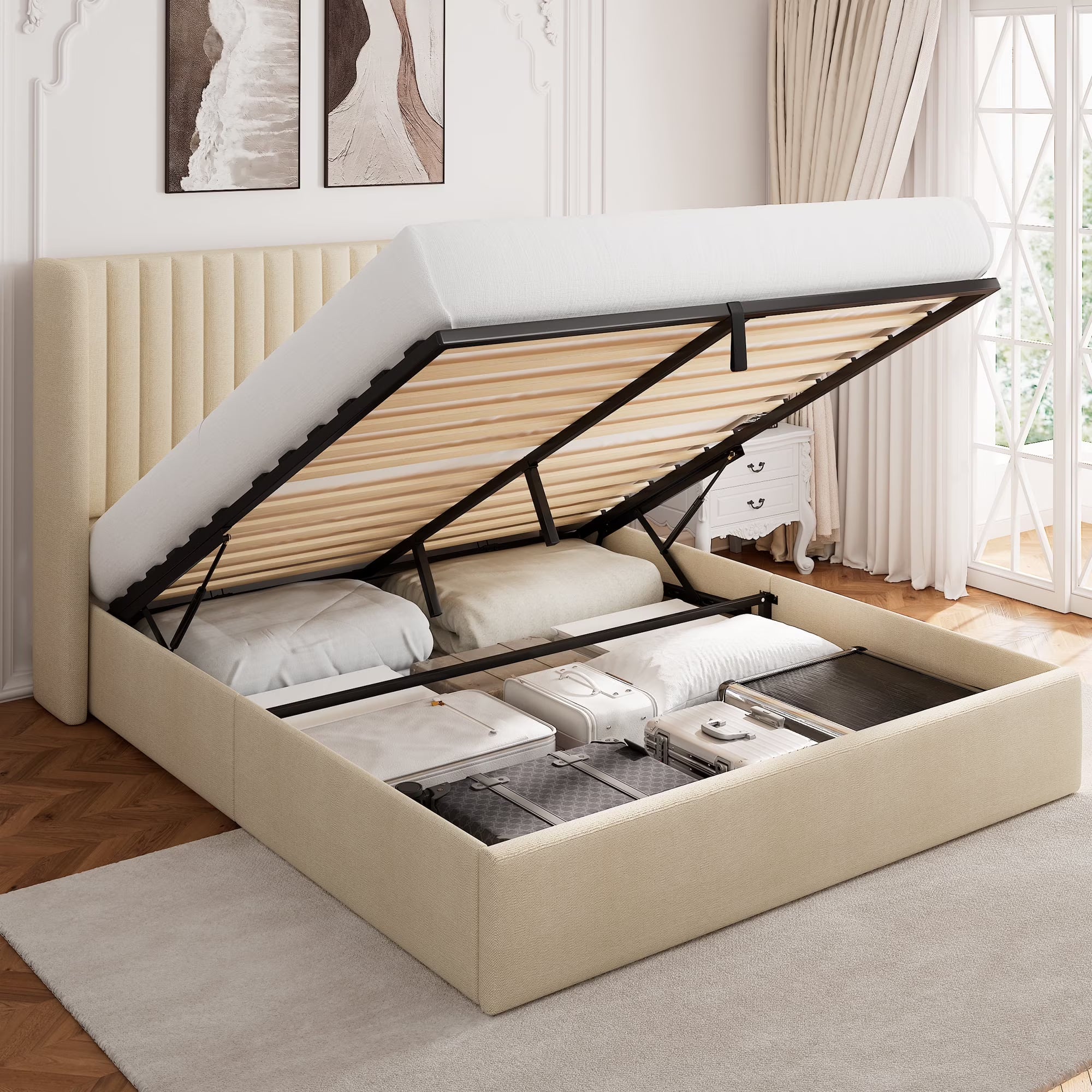 Virans Lift Up Storage Bed With Wingback Headboard, Upholstered Platform Bed Frame with Hydraulic Storage