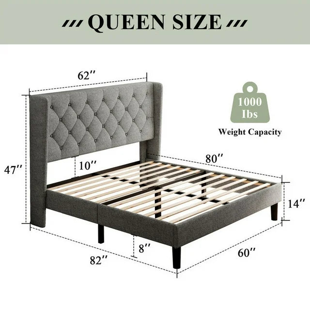 iPormis Bed Frame with Diamond Button Tufted Wingback Headboard, Upholstered Platform Bed Frame