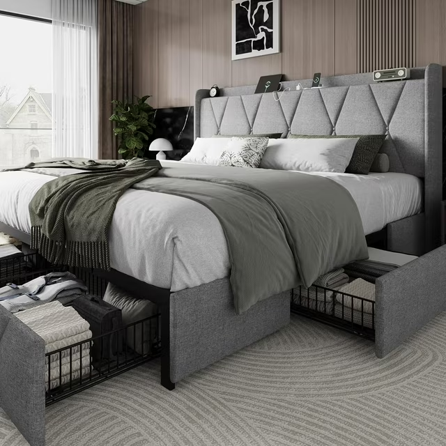 iPormis Bed Frame with Charging Station , Upholstered Bed with 4 Storage Drawers