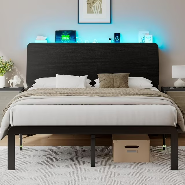 iPormis Bed Frame with Ergonomic Storage Headboard & Charging Station