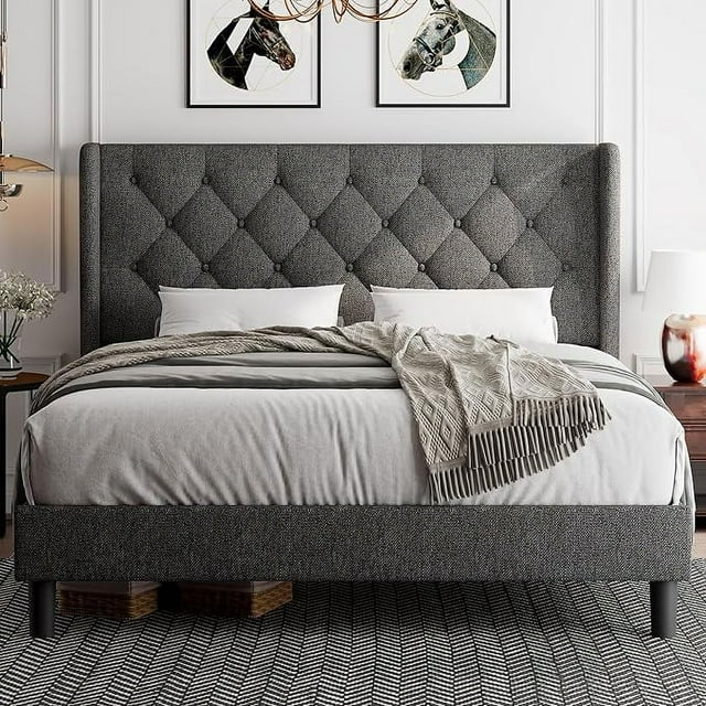 iPormis Bed Frame with Diamond Button Tufted Wingback Headboard, Upholstered Platform Bed Frame