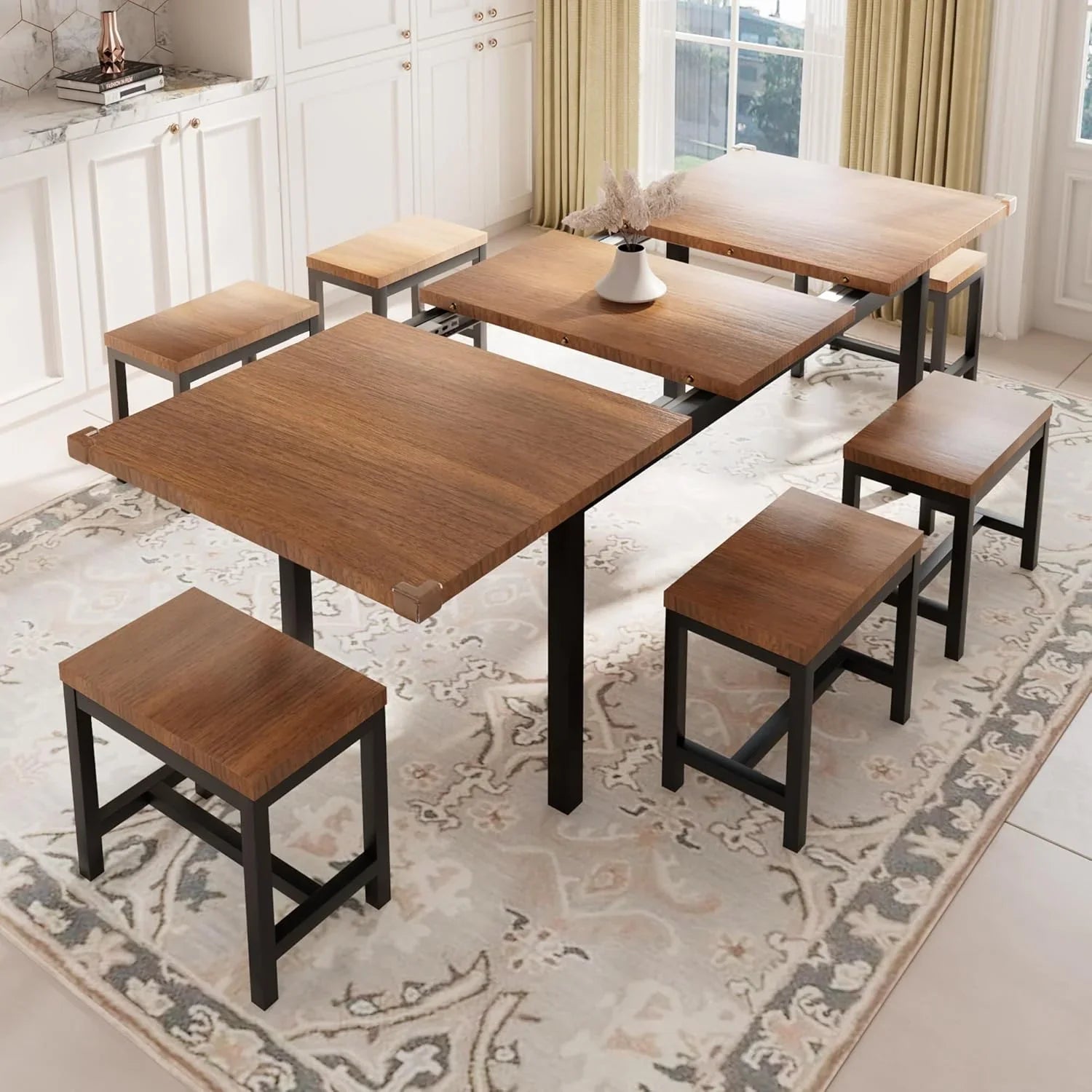 iPormis 7-Piece 63" Extendable Dining Table Set for 4-8 People, Mid-Century