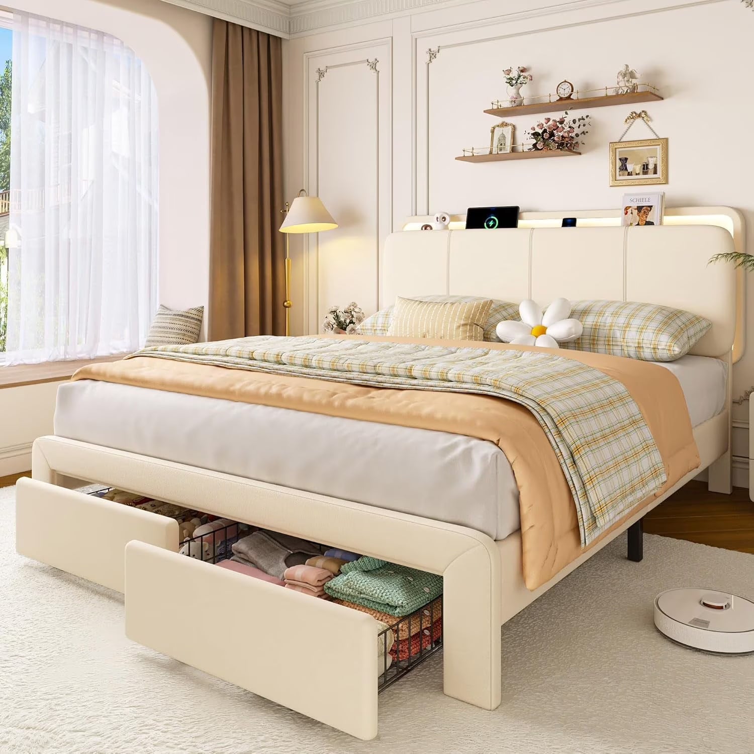 Virans Velvet Upholstered Bed Frame with Headboard & 2 Storage Drawers,Princess Platform Bed Frame with Charging Station & LED