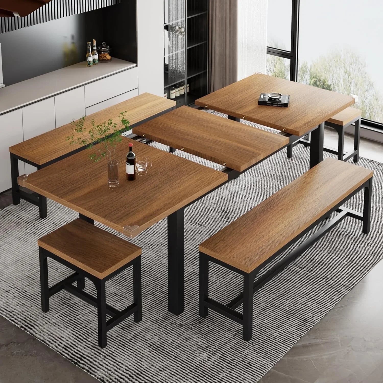 iPormis 5-Piece Dining Table Set for 4-8 People, Extendable Kitchen Table Set with 2 Benches and 2 Square Stools