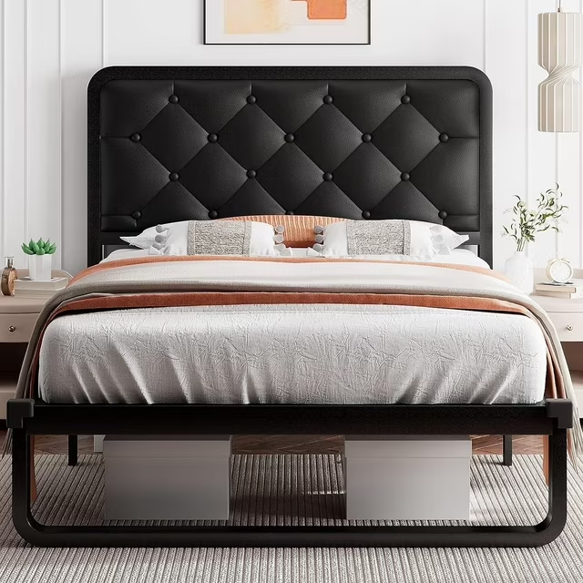 iPormis Queen Size Metal Bed Frame with Linen Upholstered Headboard, 12'' Underbed Space