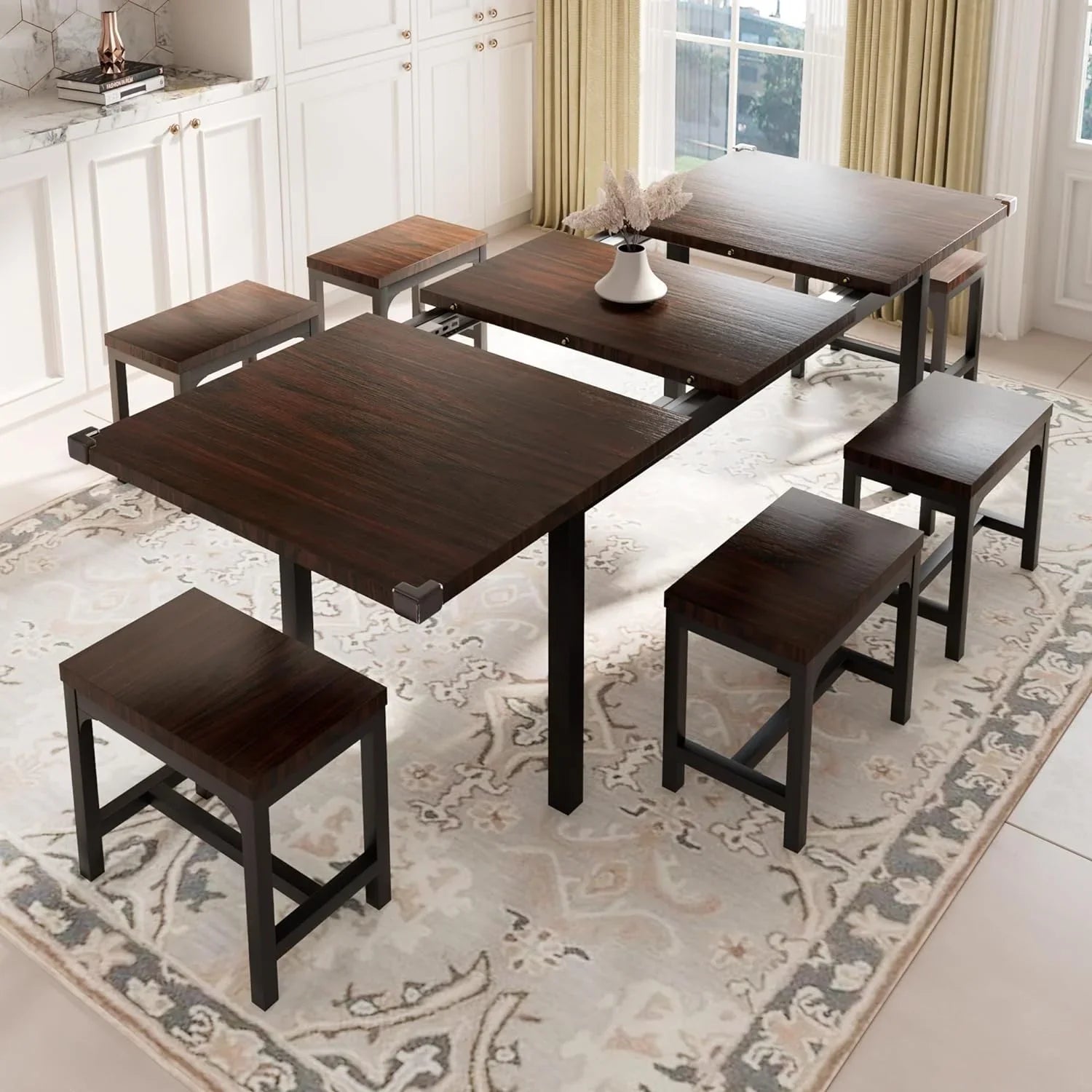 iPormis 7-Piece 63" Extendable Dining Table Set for 4-8 People, Mid-Century
