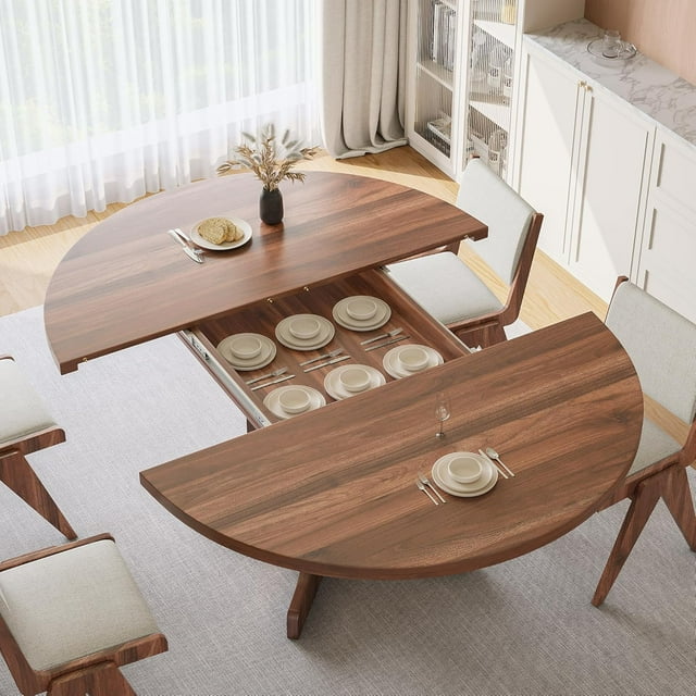 iPormis 59" Extendable Round Dining Table for 6 Modern Kitchen Table with Sturdy Wooden Base, Dining Room Table with Thickened MDF Board