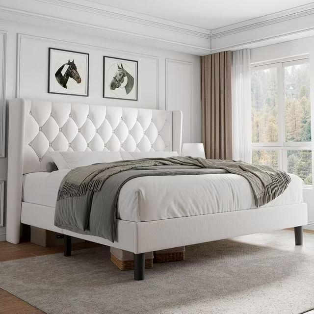 iPormis Bed Frame with Diamond Button Tufted Wingback Headboard, Upholstered Platform Bed Frame