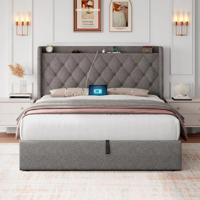 iPormis Queen Size Bed Frame with Lift up Storage & Charging Station, Button Tufted Wingback Upholstered Headboard