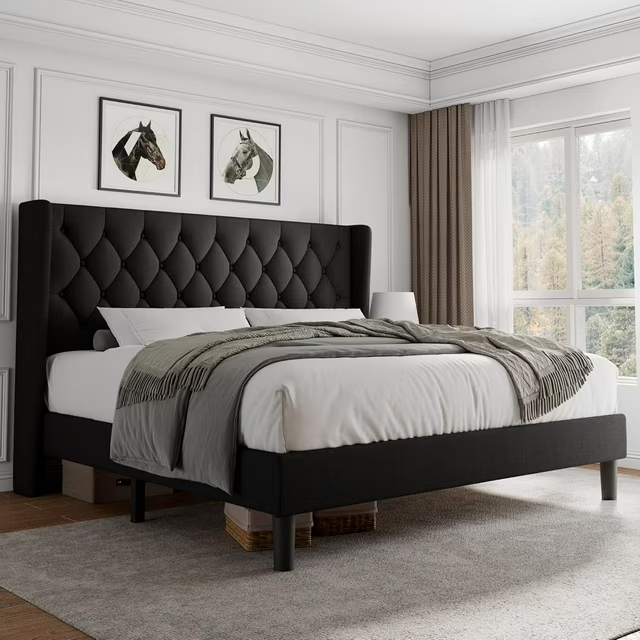 iPormis Bed Frame with Diamond Button Tufted Wingback Headboard, Upholstered Platform Bed Frame