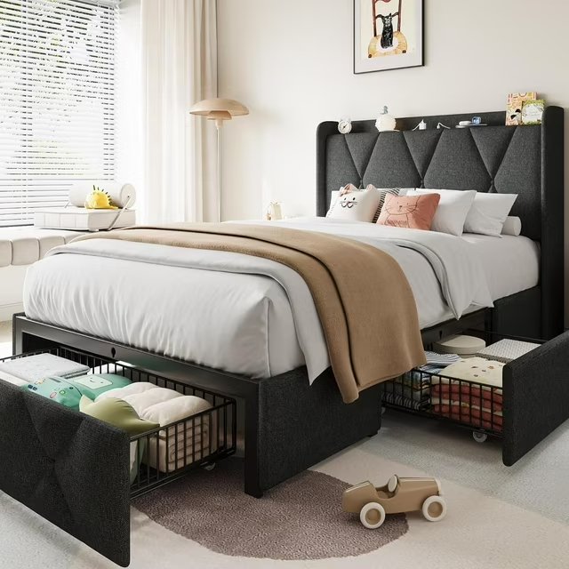 iPormis Bed Frame with Charging Station , Upholstered Bed with 4 Storage Drawers