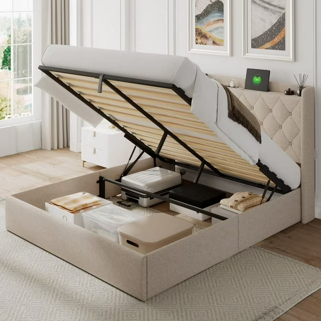 iPormis Queen Size Bed Frame with Lift up Storage & Charging Station, Button Tufted Wingback Upholstered Headboard