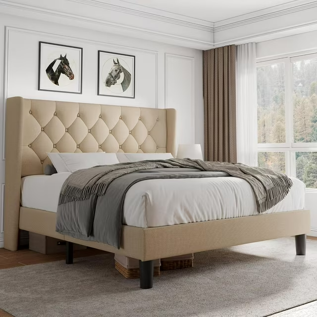iPormis Bed Frame with Diamond Button Tufted Wingback Headboard, Upholstered Platform Bed Frame