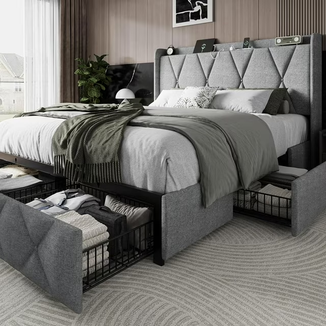 iPormis Bed Frame with Charging Station , Upholstered Bed with 4 Storage Drawers