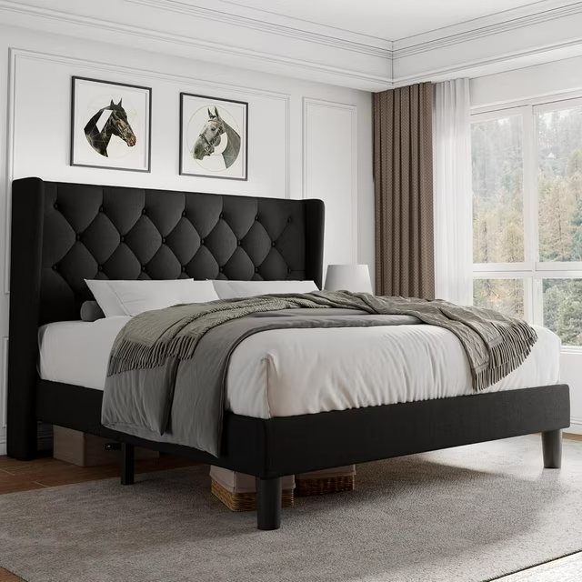 iPormis Bed Frame with Diamond Button Tufted Wingback Headboard, Upholstered Platform Bed Frame