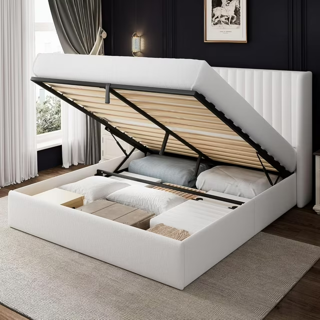 iPormis Full Size Bed Frame with Lift up Storage & Wingback Headboard