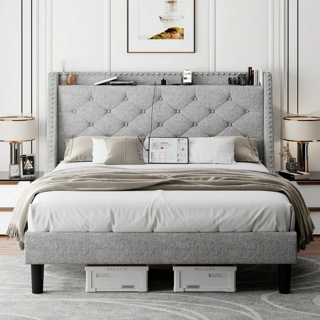 iPormis Full Bed Frame with Upholstered Wingback Button Tufted Storage Headboard