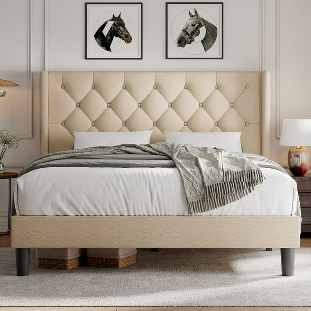 iPormis Bed Frame with Diamond Button Tufted Wingback Headboard, Upholstered Platform Bed Frame