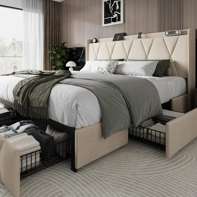 iPormis Bed Frame with Charging Station , Upholstered Bed with 4 Storage Drawers