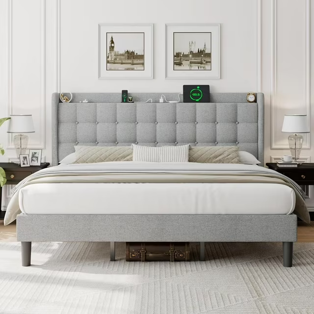 ipormis Full Size Bed Frame with Charging Station，Upholstered Platform Bed Frame with Wingback Storage Headboard