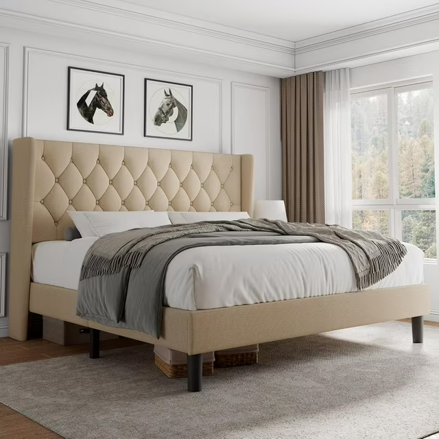 iPormis Bed Frame with Diamond Button Tufted Wingback Headboard, Upholstered Platform Bed Frame