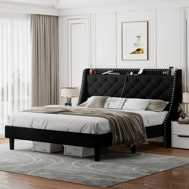 iPormis Full Bed Frame with Upholstered Wingback Button Tufted Storage Headboard