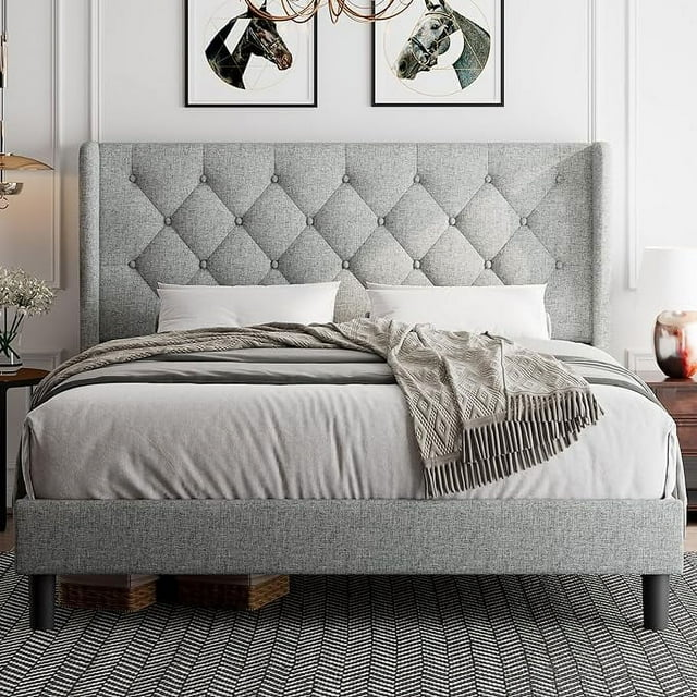 iPormis Bed Frame with Diamond Button Tufted Wingback Headboard, Upholstered Platform Bed Frame