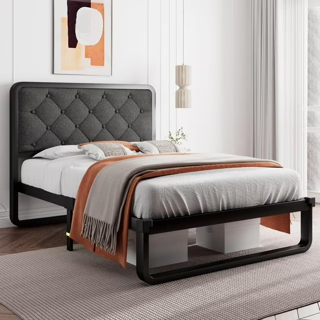 iPormis Queen Size Metal Bed Frame with Linen Upholstered Headboard, 12'' Underbed Space