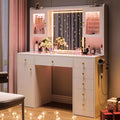 iPormis Vanity Desk with Mirror and Lights, Glass Top Makeup Vanity with RGB Light and Charging Station