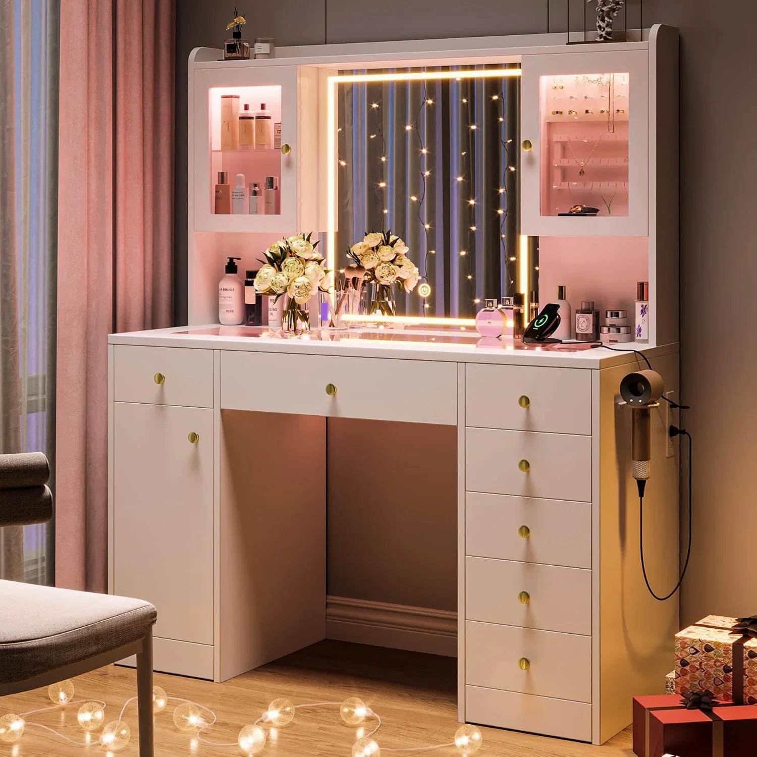 iPormis Vanity Desk with Mirror and Lights, Glass Top Makeup Vanity with RGB Light and Charging Station