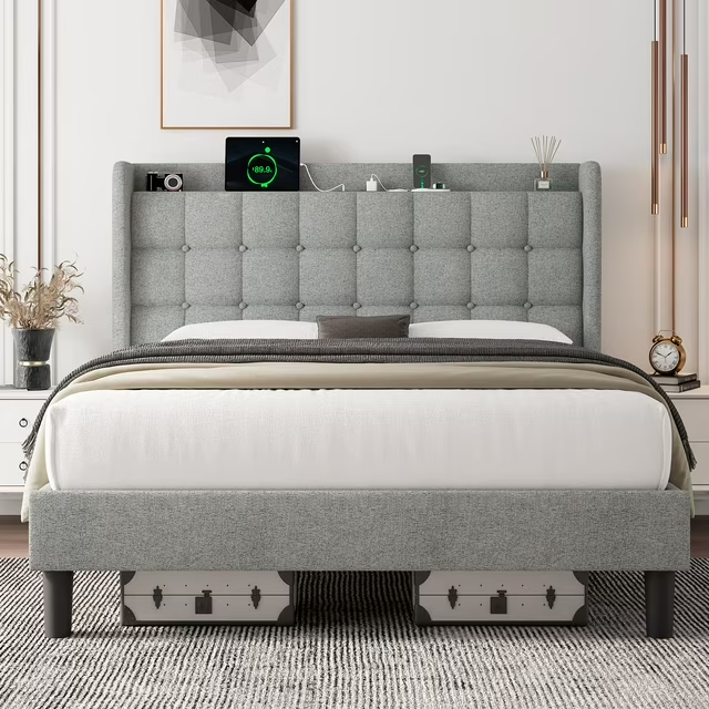 ipormis Full Size Bed Frame with Charging Station，Upholstered Platform Bed Frame with Wingback Storage Headboard