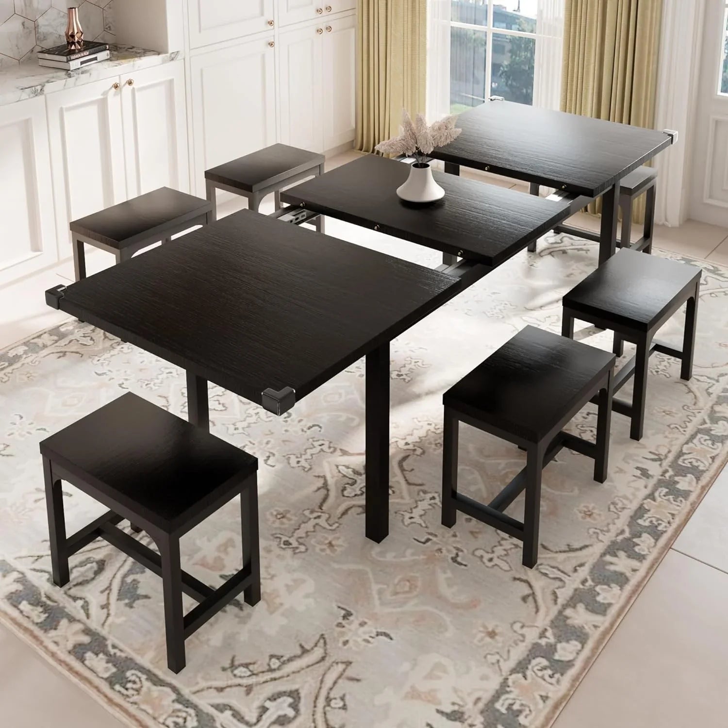 iPormis 7-Piece 63" Extendable Dining Table Set for 4-8 People, Mid-Century
