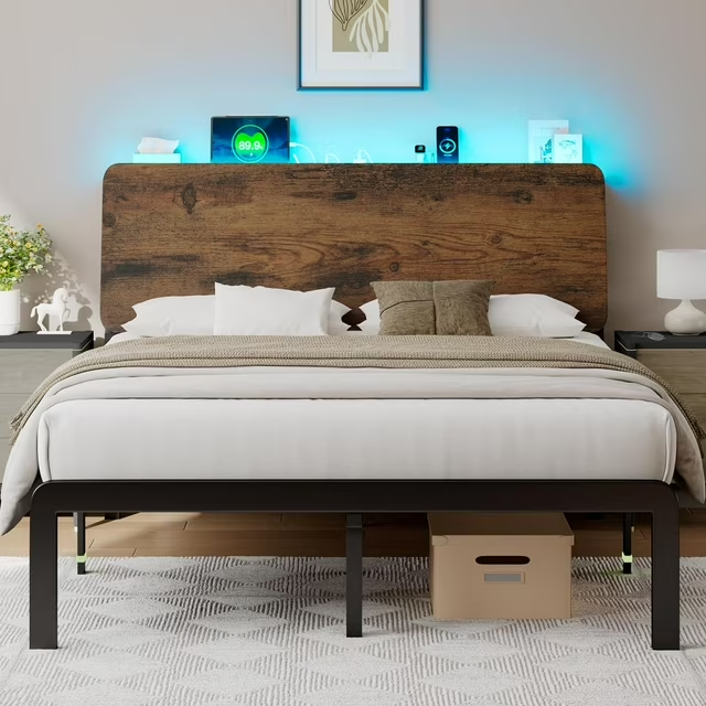iPormis Bed Frame with Ergonomic Storage Headboard & Charging Station