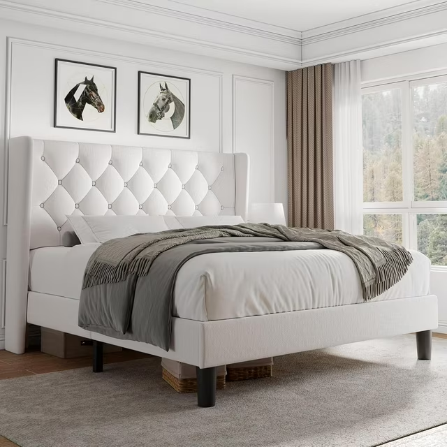 iPormis Bed Frame with Diamond Button Tufted Wingback Headboard, Upholstered Platform Bed Frame