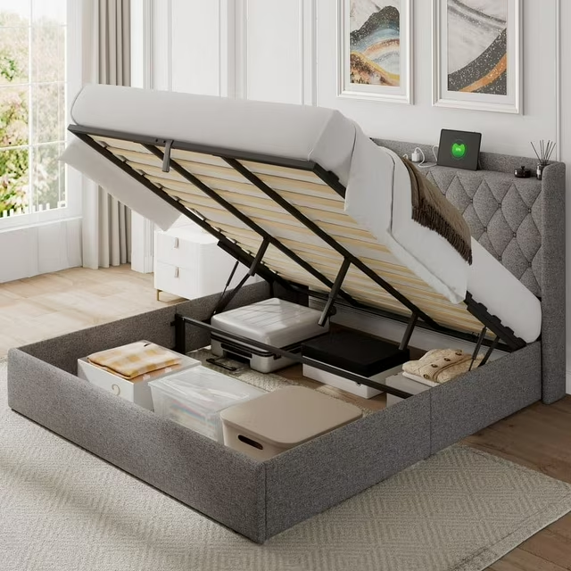 iPormis Queen Size Bed Frame with Lift up Storage & Charging Station, Button Tufted Wingback Upholstered Headboard