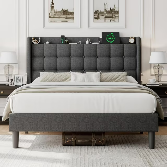 ipormis Full Size Bed Frame with Charging Station，Upholstered Platform Bed Frame with Wingback Storage Headboard