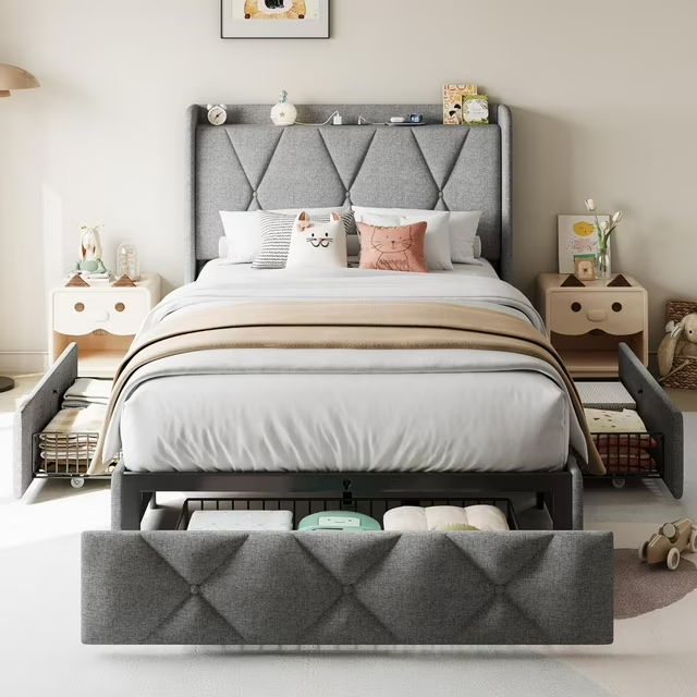iPormis Bed Frame with Charging Station , Upholstered Bed with 4 Storage Drawers
