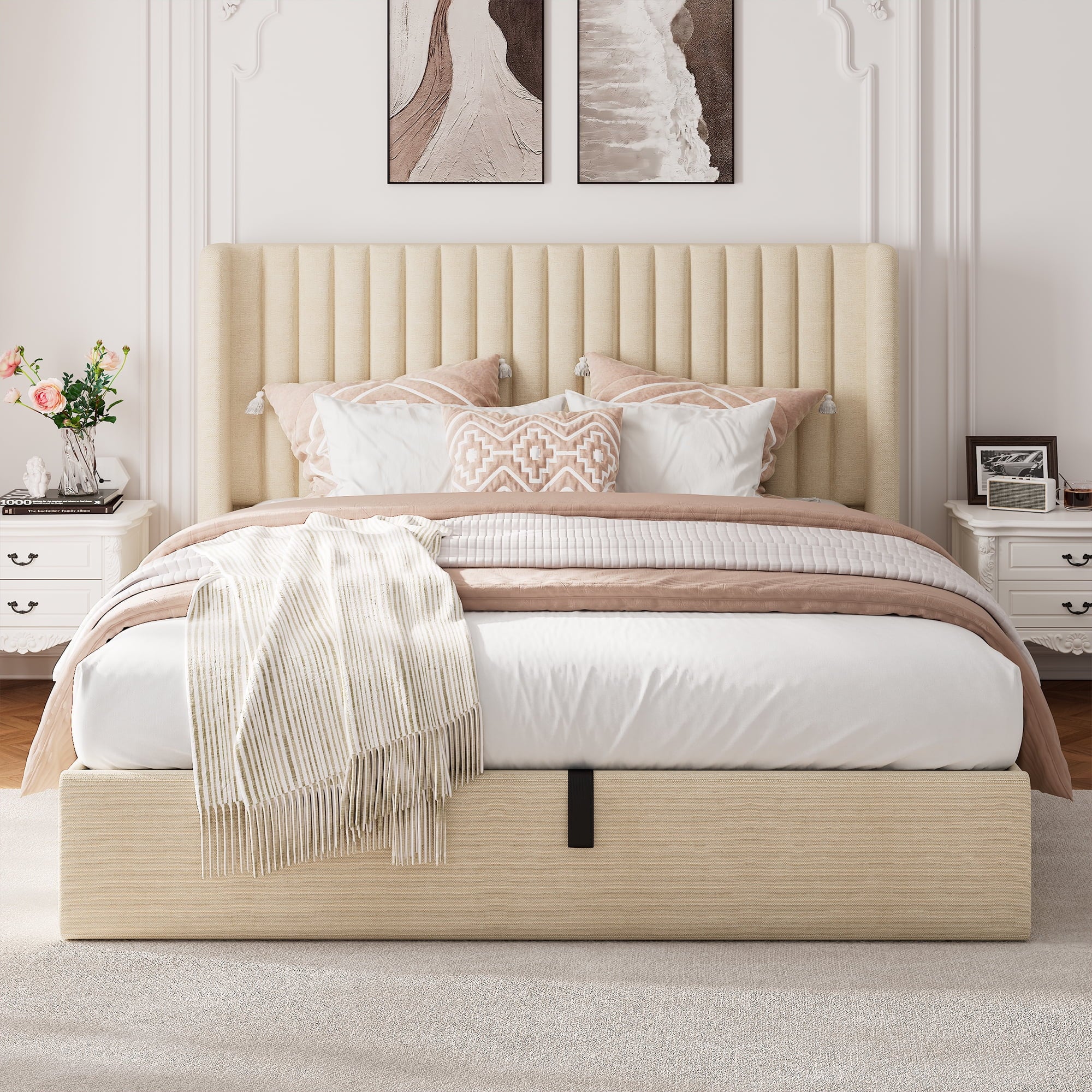 Virans Lift Up Storage Bed With Wingback Headboard, Upholstered Platform Bed Frame with Hydraulic Storage