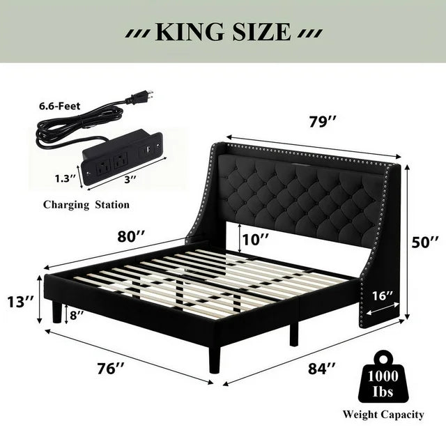 iPormis Full Bed Frame with Upholstered Wingback Button Tufted Storage Headboard
