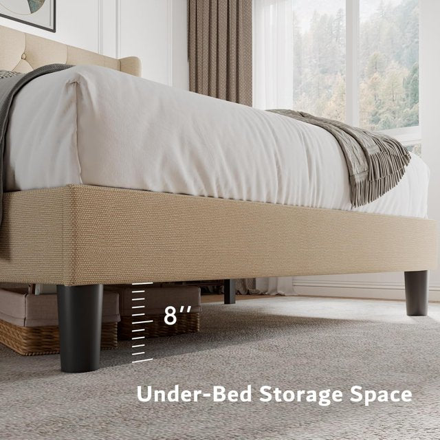 iPormis Bed Frame with Diamond Button Tufted Wingback Headboard, Upholstered Platform Bed Frame