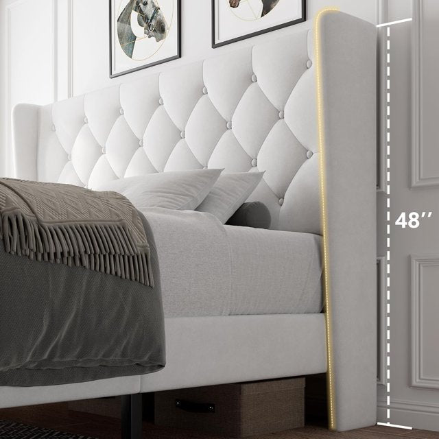 iPormis Bed Frame with Diamond Button Tufted Wingback Headboard, Upholstered Platform Bed Frame