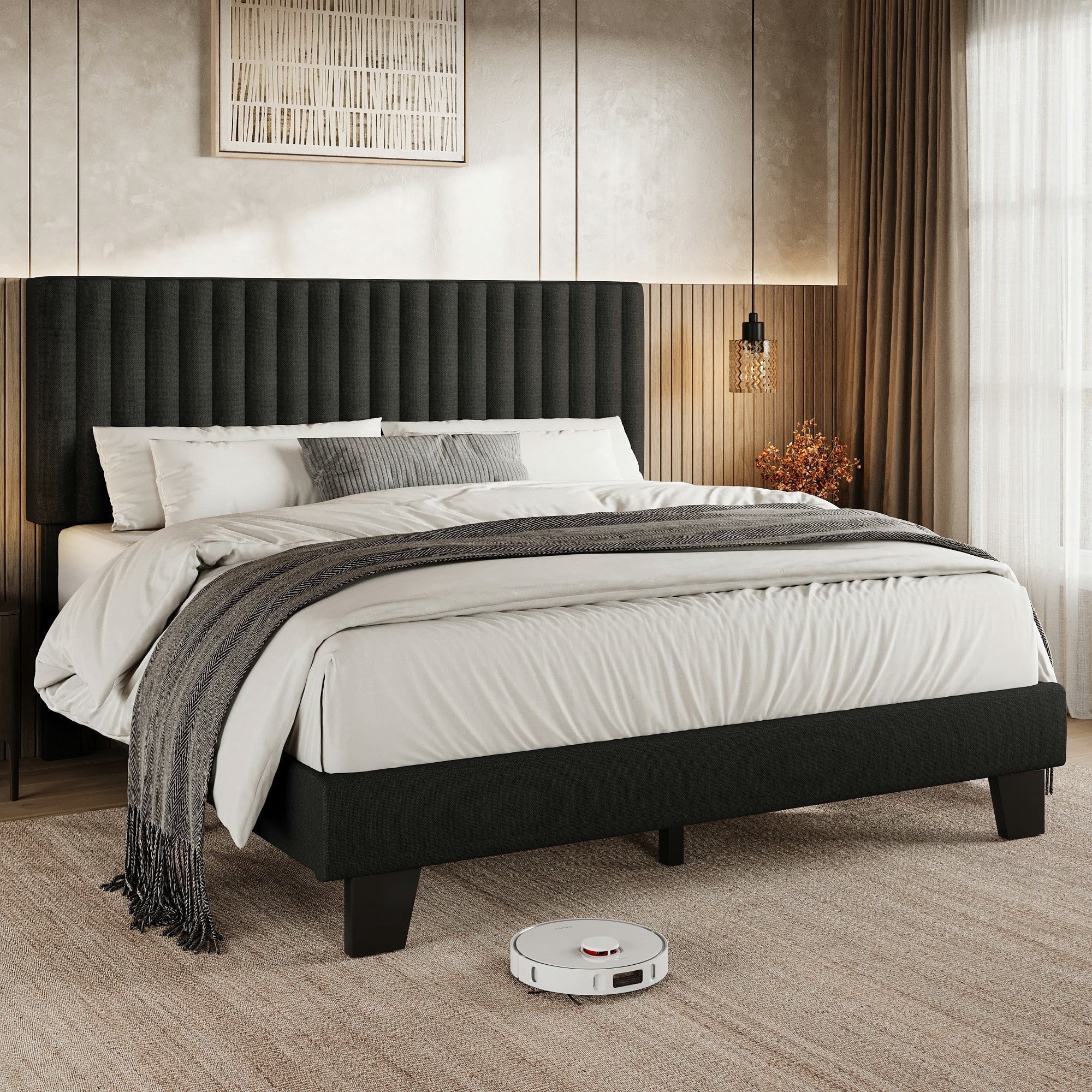 Virans Upholstered Linen Platform Bed frame with Fabric Headboard