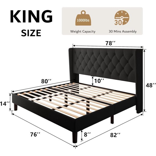 iPormis Bed Frame with Diamond Button Tufted Wingback Headboard, Upholstered Platform Bed Frame
