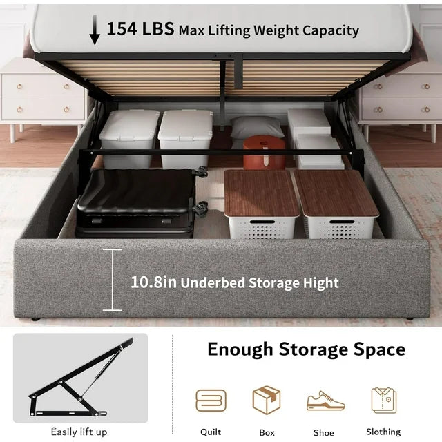 iPormis Queen Size Bed Frame with Lift up Storage & Charging Station, Button Tufted Wingback Upholstered Headboard
