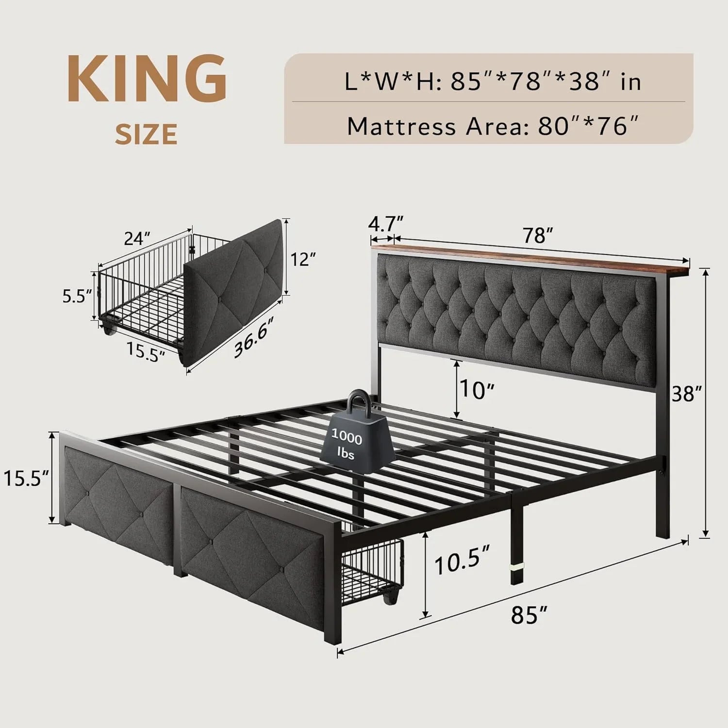iPormis Bed Frame with Storage Drawers
