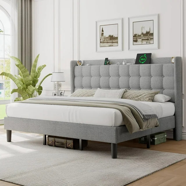ipormis Full Size Bed Frame with Charging Station，Upholstered Platform Bed Frame with Wingback Storage Headboard