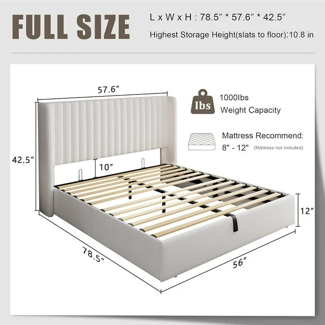 iPormis Full Size Bed Frame with Lift up Storage & Wingback Headboard