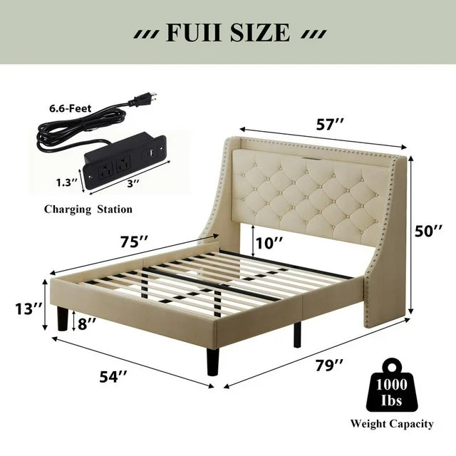 iPormis Full Bed Frame with Upholstered Wingback Button Tufted Storage Headboard