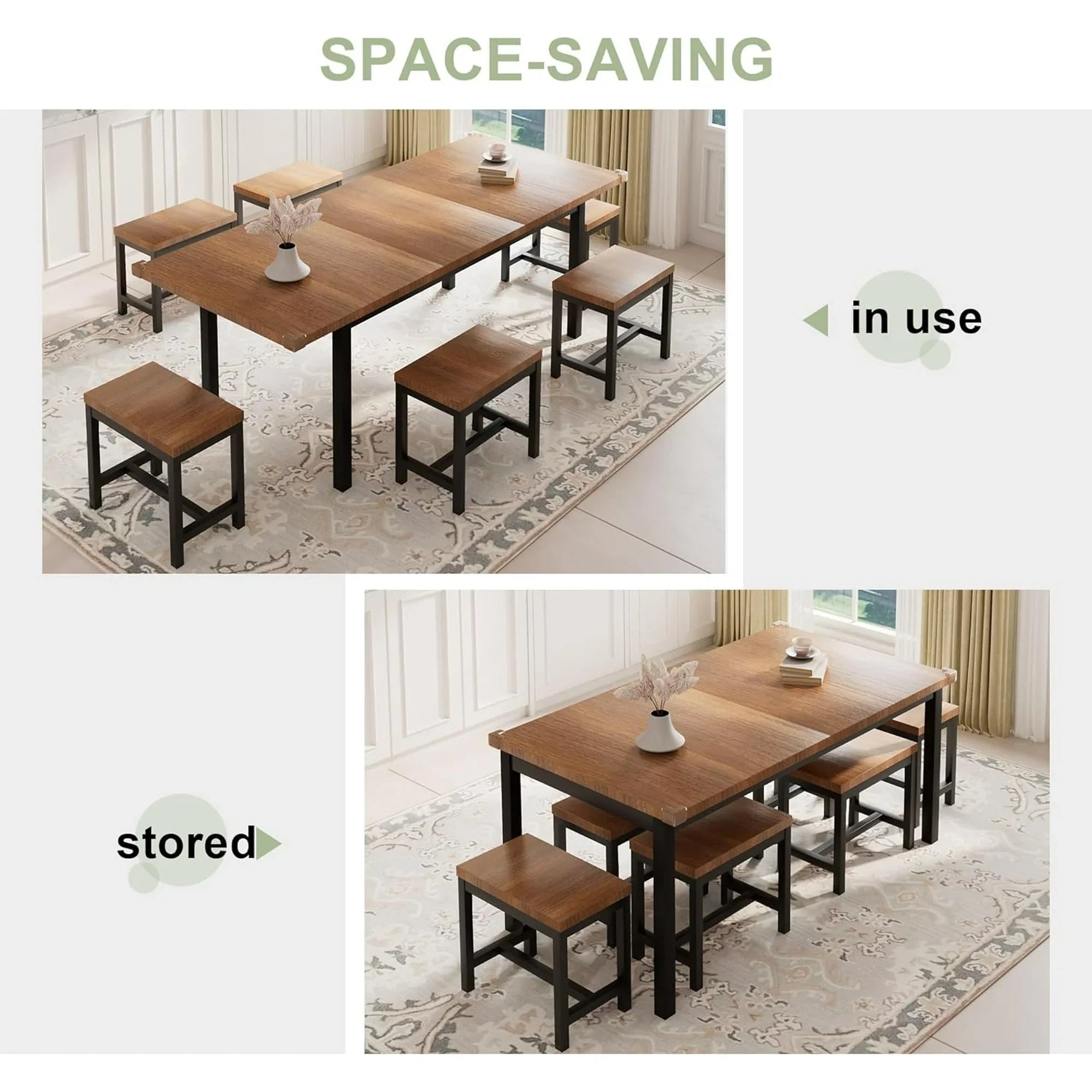 iPormis 7-Piece 63" Extendable Dining Table Set for 4-8 People, Mid-Century