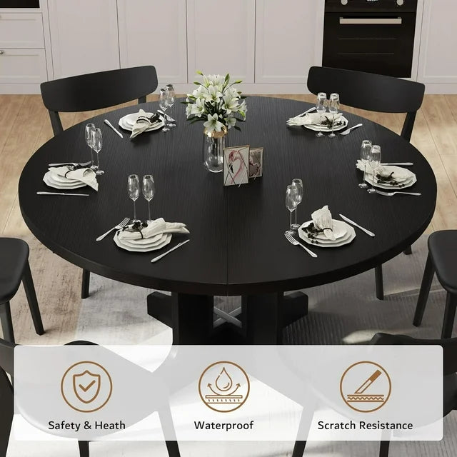 iPormis 59" Extendable Round Dining Table for 6 Modern Kitchen Table with Sturdy Wooden Base, Dining Room Table with Thickened MDF Board